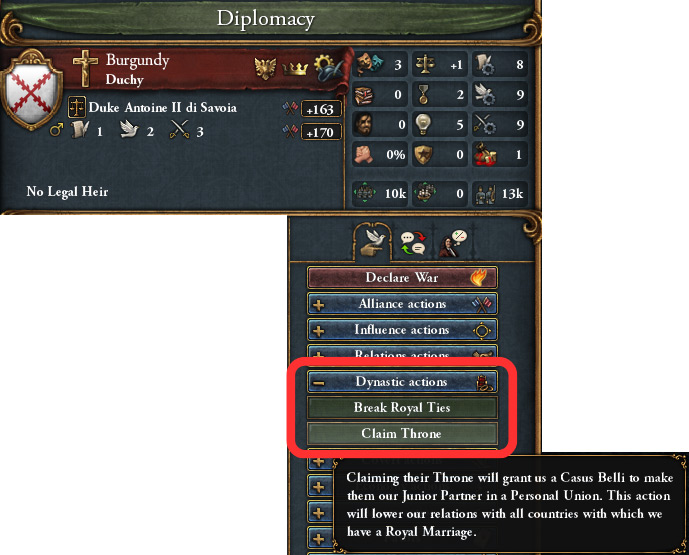 The Claim Throne action gives you a “Claim on Throne” CB on your target / EU4
