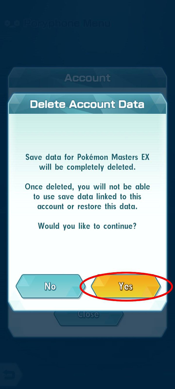Delete Account Data Prompt / Pokémon Masters EX