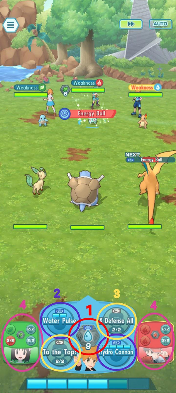 Combat screen with annotations / Pokémon Masters EX
