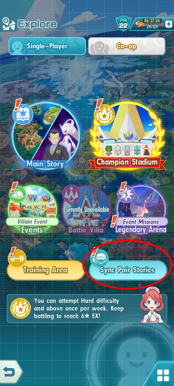 Explore menu to Sync Pair Stories / Pokémon Masters EX