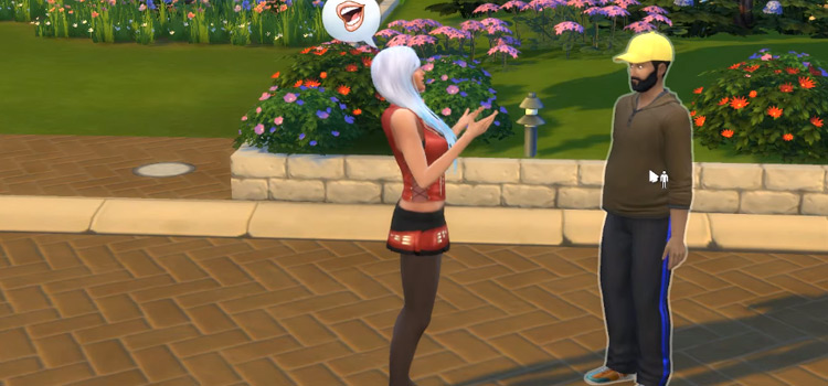 Guy and girl sim talking in Sims4
