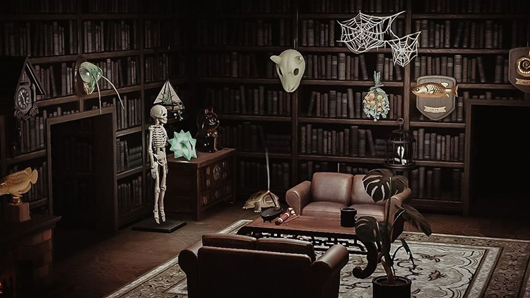 Dark haunted library area in ACNH