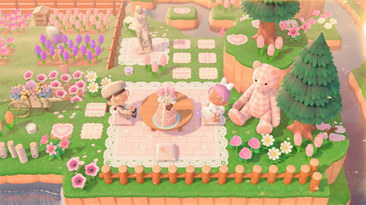 Bright pink tea party area in ACNH