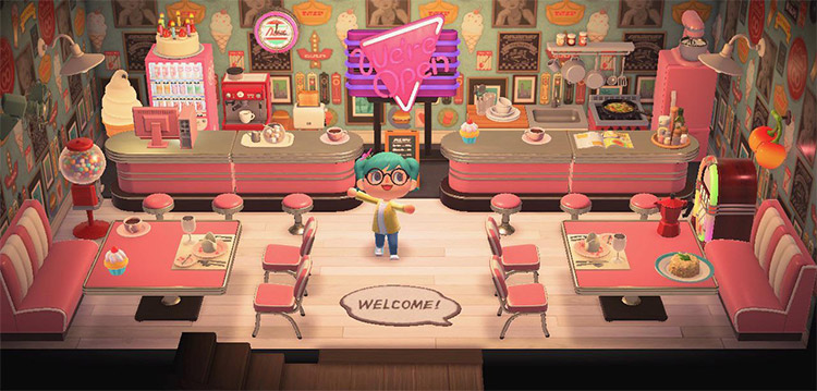 Retro diner with a pink theme - ACNH Idea