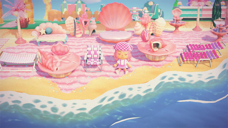 Pink mermaid-themed beach area in ACNH