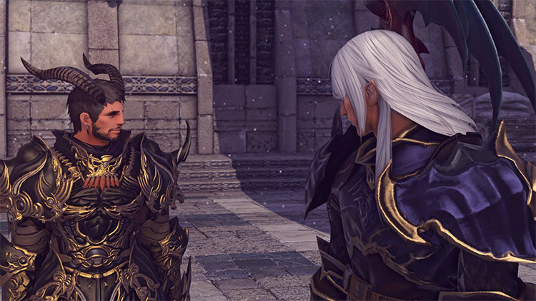 Two warrior characters talking in FFXIV