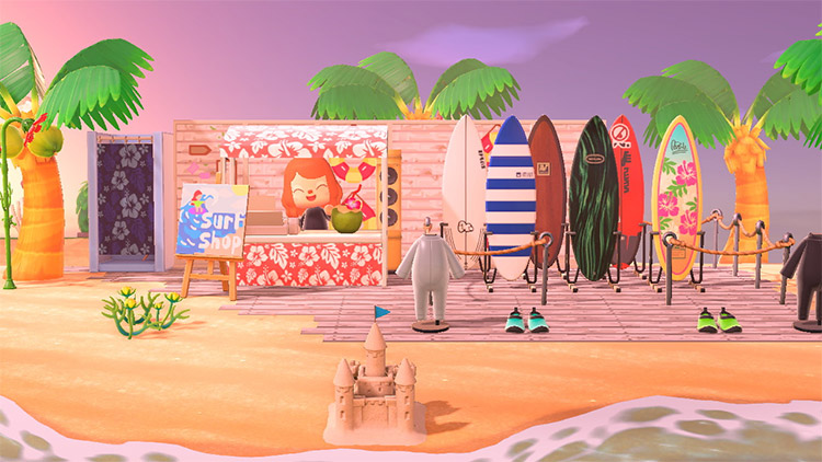 Surfboard shack with stalls in ACNH