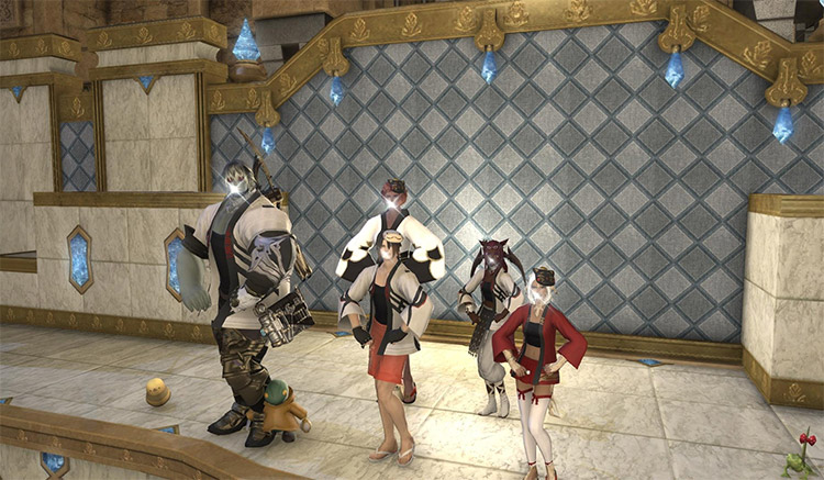 Screenshot of dress-up FC characters in FFXIV