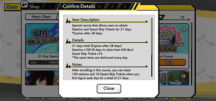 21-Day Stamina and Skip Tickets Course Pack (Description) / My Hero Ultra Impact