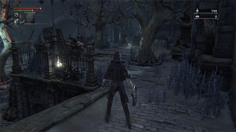 An enemy stuck under the archway, viewed from the safe point past the trees / Bloodborne