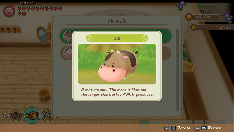 Interface of the animal relationship tab with coffee cow’s profile / SoS: FoMT