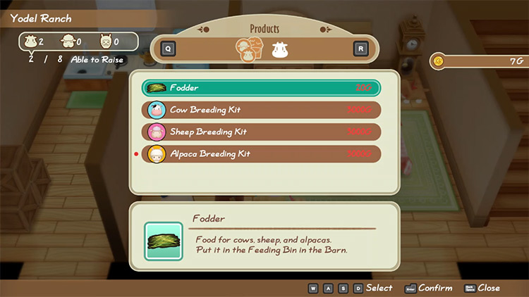 Item selling menu at Yodel Ranch with fodder selected for 20 G each / SoS: FoMT
