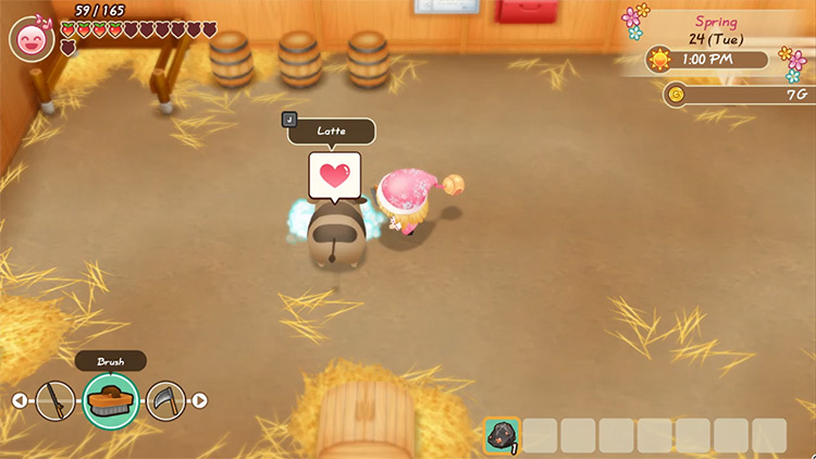 As the farmer brushes the coffee cow, a heart dialogue box pops up / SoS: FoMT