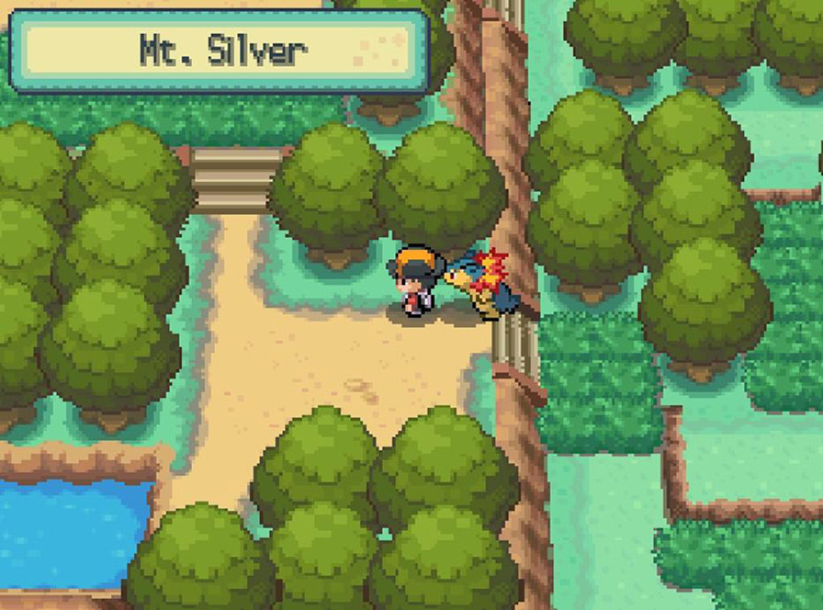 On top of the stairs you’ll see a Pokémon Center, a photographer, and a cave entrance / Pokémon SoulSilver