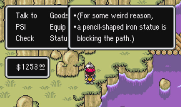 Peaceful Rest Valley Pencil Statue blocking the path / Earthbound