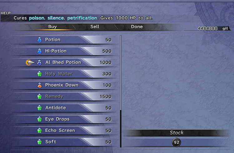 Rin's shop inventory with Al Bhed Potions / FFX HD