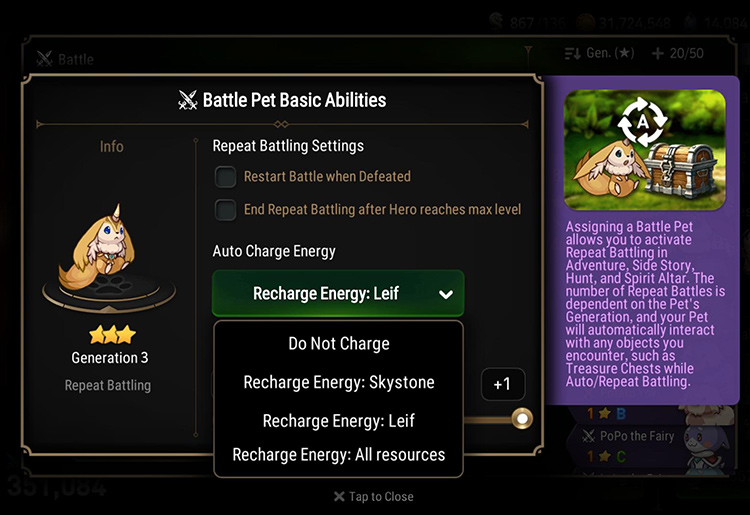 Auto Recharge Options (Stamina) / Epic Seven