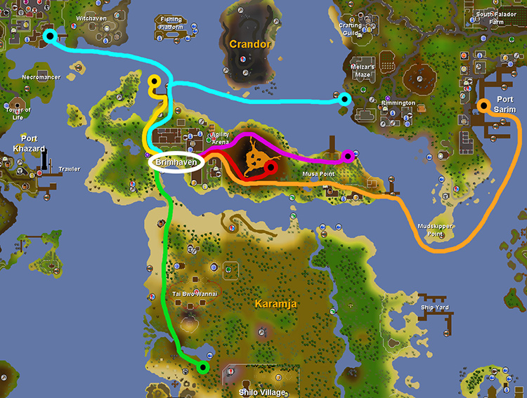 Map showing the best routes to Brimhaven / OSRS