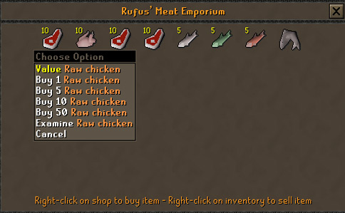 Browsing Rufus’ meat emporium inventory in Canifis / OSRS