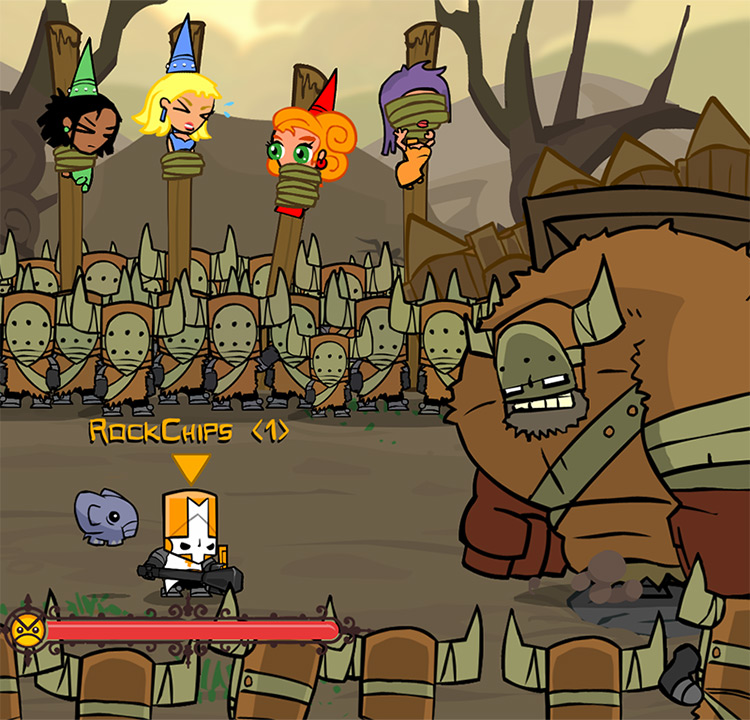 Orange Knight with a Buffalo Mace going up against the Barbarian Boss / Castle Crashers