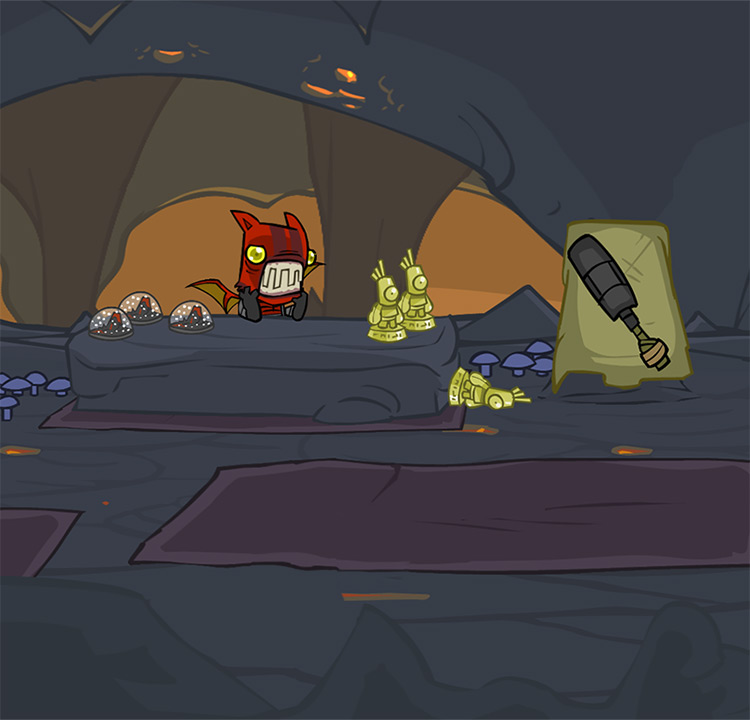 A Fire Demon clerk selling a Clunky Mace / Castle Crashers