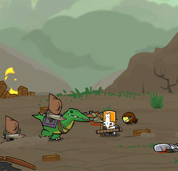 Orange Knight wielding a Cardboard Tube against two thieves / Castle Crashers