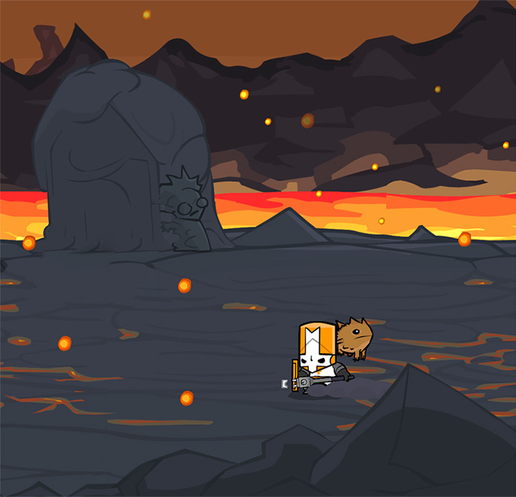 Orange Knight carrying a Cattle Prod with Spiny the Pet / Castle Crashers