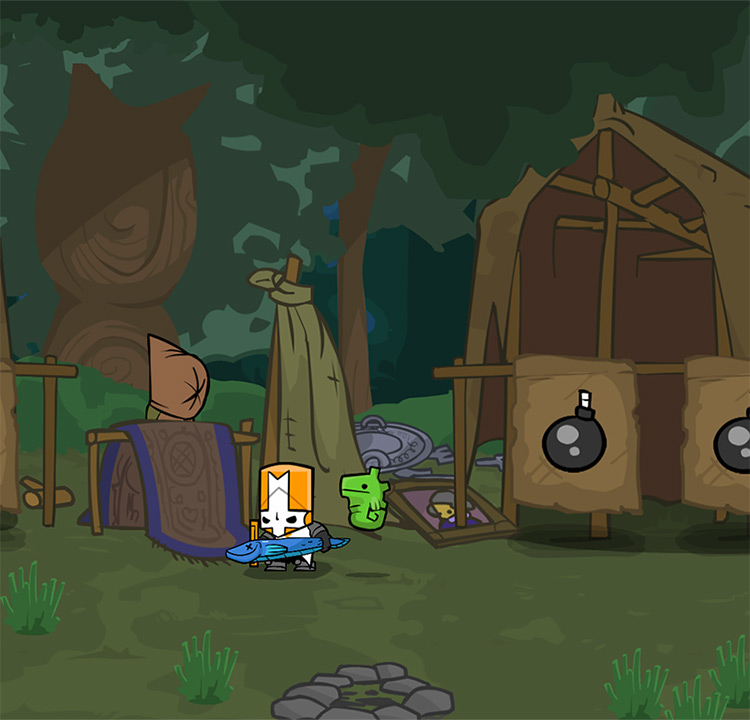 Orange Knight wielding the Electric Eel while purchasing wares from a thief / Castle Crashers
