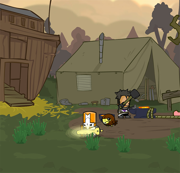 Orange Knight and Hawkster visiting the Blacksmith / Castle Crashers