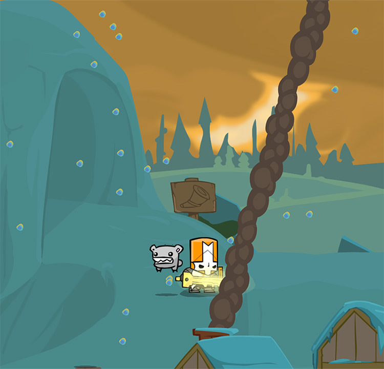 Orange Knight and Bi-Polar Bear standing outside a cave / Castle Crashers