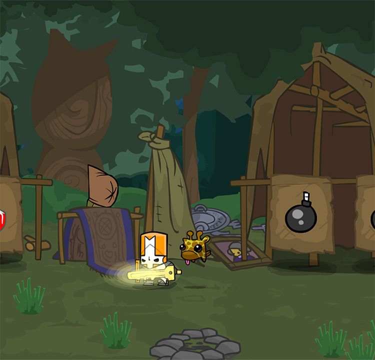 Orange Knight and Giraffey purchasing wares from a thief / Castle Crashers