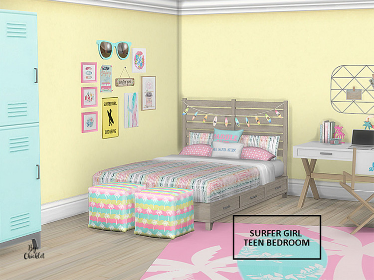 Surfer Girl Teen Bedroom by Chicklet / Sims 4 CC