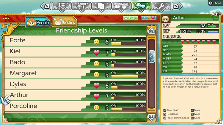 Checking character friendship levels / Rune Factory 4