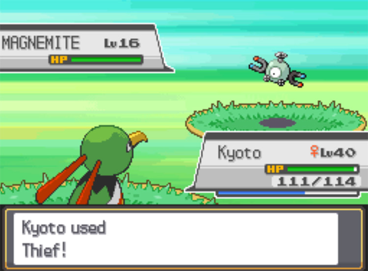 Using Thief to attempt to steal a Metal Coat from a wild Magnemite / Pokemon HGSS