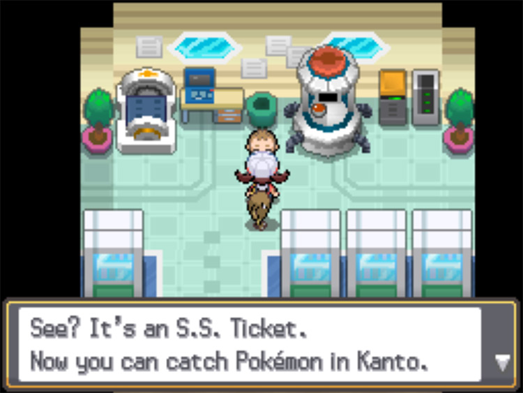 Professor Elm giving the S.S. Ticket to the player / Pokemon HGSS