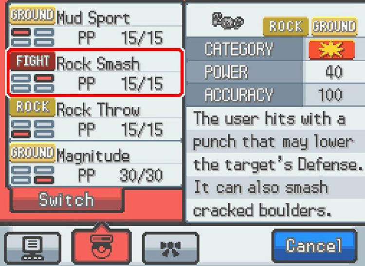 Rock Smash’s in-game move details / Pokémon HGSS