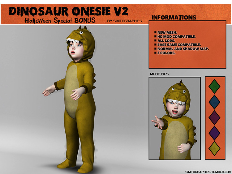 Dinosaur Onesie v2 by simtographies for Sims 4
