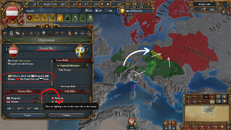 Distracting Burgundy so Austria could attack Milan / EU4