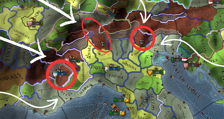 The circled provinces can control the passes through the Alps / EU4