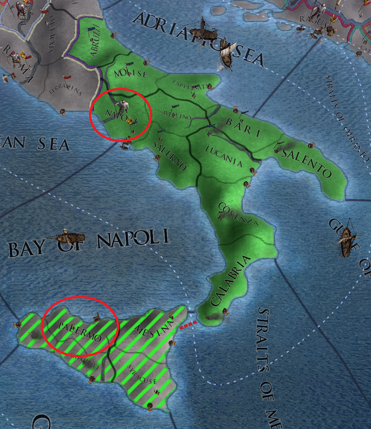 Neapolitan (green) and Sicilian (striped) provinces with Napoli and Palermo in circles / EU4