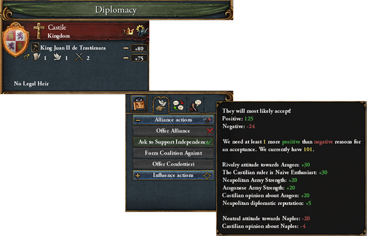 Open Castile’s Diplomacy view to ask them to support your independence / EU4