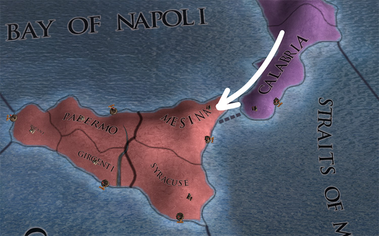 An army can cross over to Sicily via Calabria without needing boats / EU4