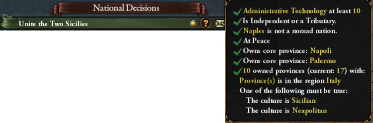 “Unite the Two Sicilies” in the Decisions and Policies tab / EU4
