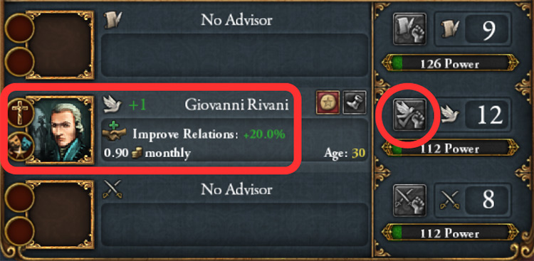 Get 12 monthly dip from setting your national focus and hiring a diplomatic advisor / EU4