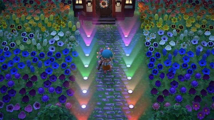 Rainbow garden at night in ACNH