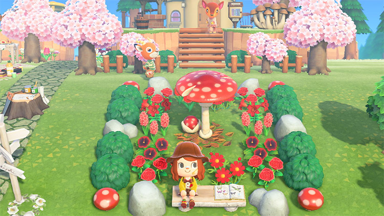 Red mushroom garden rest area in ACNH