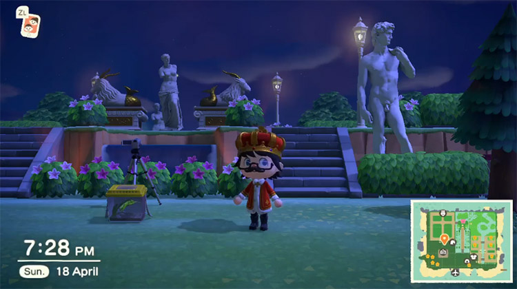 Garden with statue in ACNH at night