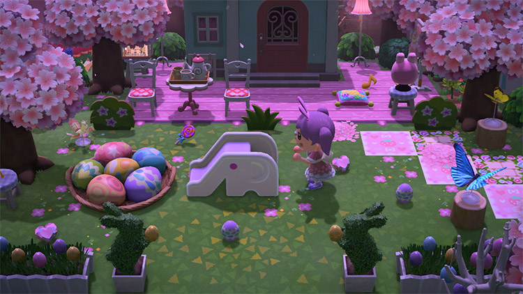 Nighttime pink garden design in ACNH