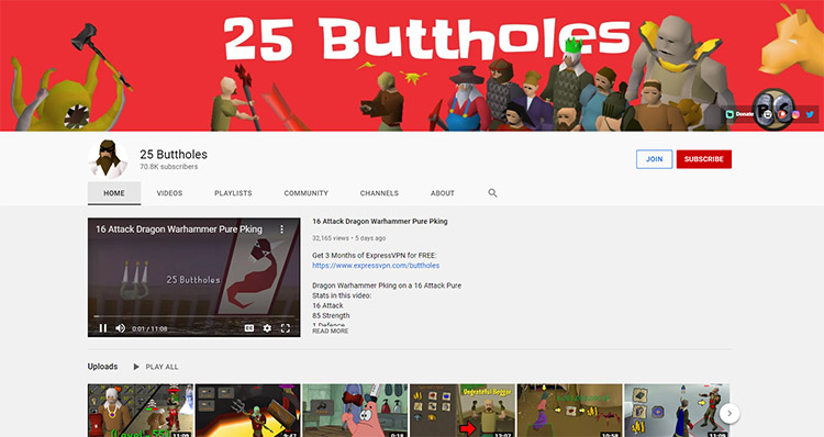 25 Buttholes RuneScape YouTube Channel Screenshot