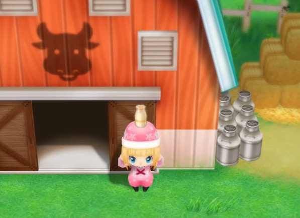 The farmer holds up a bottle of milk while standing outside the barn / SoS: FoMT